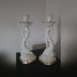 Lenox Cream and Gold Dolphin Candle Holders